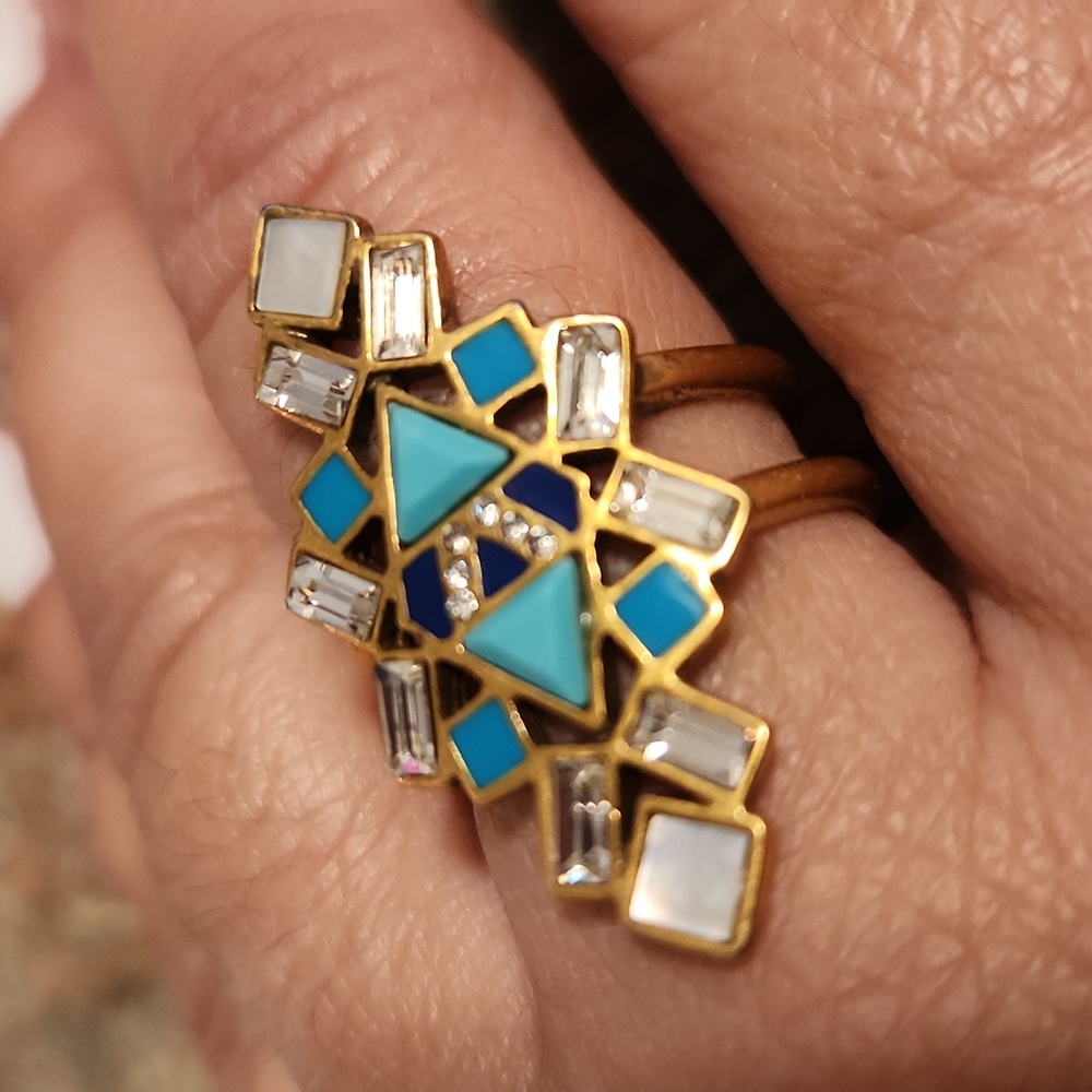 Stella & Dot Enamel Turquoise, Cobalt, & Crystal Tile Statement Ring, Retired - Picture 6 of 8